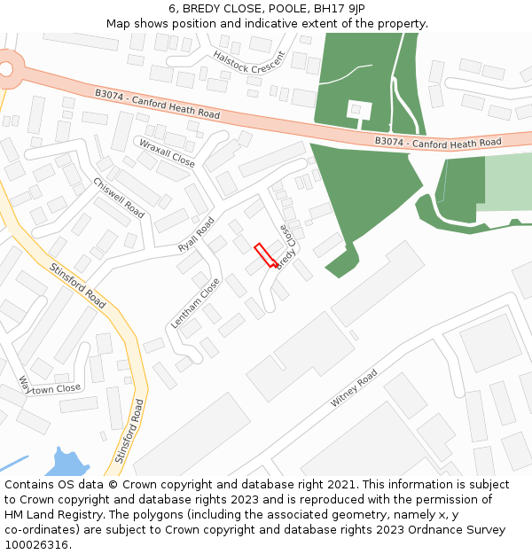 6, BREDY CLOSE, POOLE, BH17 9JP: Location map and indicative extent of plot