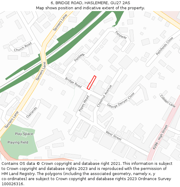 6, BRIDGE ROAD, HASLEMERE, GU27 2AS: Location map and indicative extent of plot