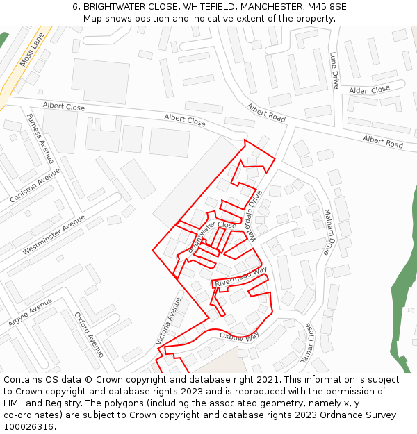 6, BRIGHTWATER CLOSE, WHITEFIELD, MANCHESTER, M45 8SE: Location map and indicative extent of plot