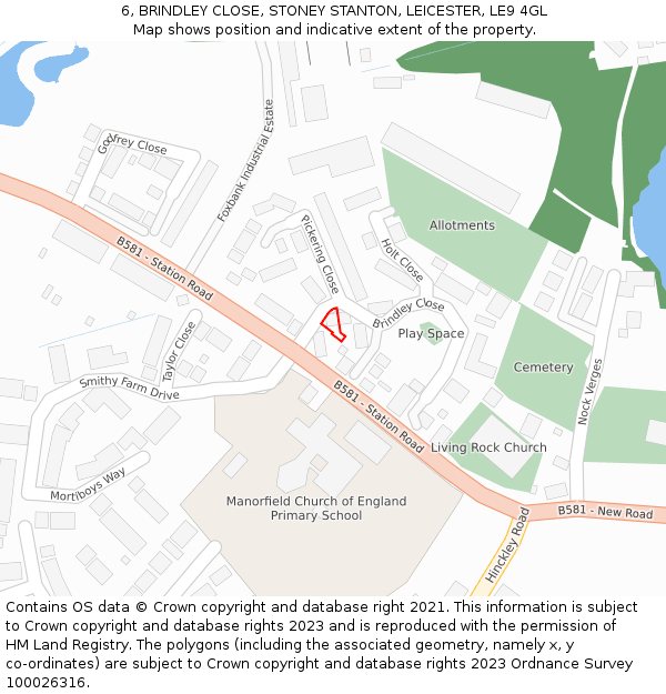 6, BRINDLEY CLOSE, STONEY STANTON, LEICESTER, LE9 4GL: Location map and indicative extent of plot