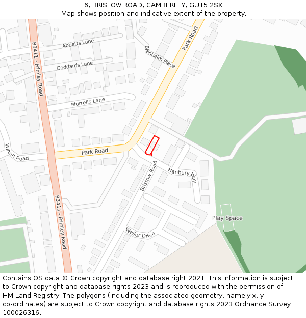 6, BRISTOW ROAD, CAMBERLEY, GU15 2SX: Location map and indicative extent of plot