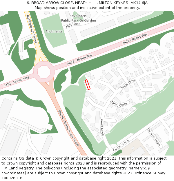 6, BROAD ARROW CLOSE, NEATH HILL, MILTON KEYNES, MK14 6JA: Location map and indicative extent of plot