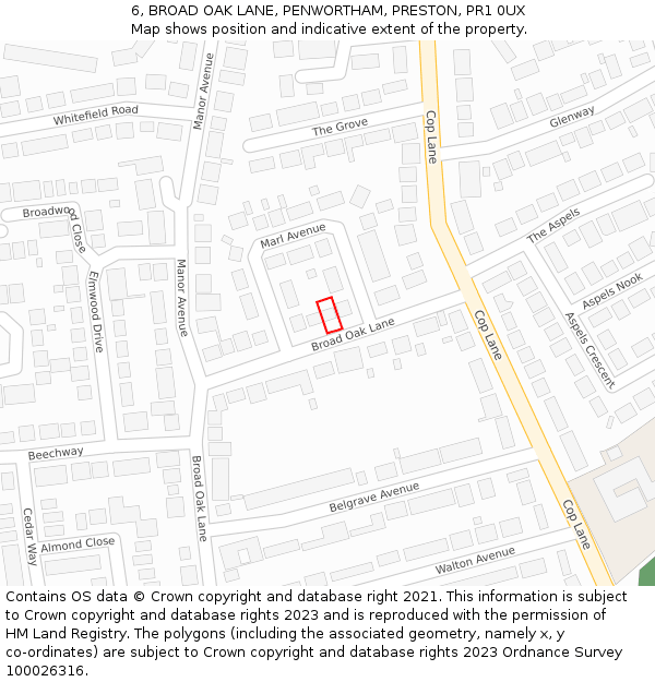 6, BROAD OAK LANE, PENWORTHAM, PRESTON, PR1 0UX: Location map and indicative extent of plot