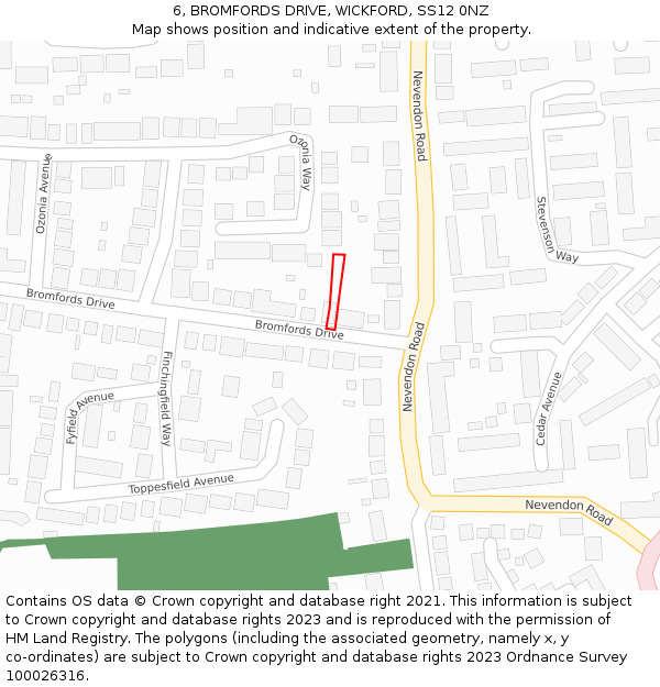 6, BROMFORDS DRIVE, WICKFORD, SS12 0NZ: Location map and indicative extent of plot