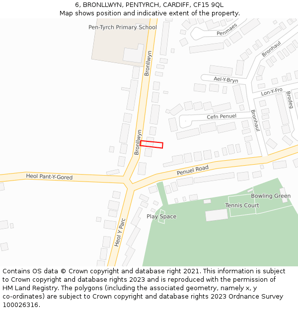 6, BRONLLWYN, PENTYRCH, CARDIFF, CF15 9QL: Location map and indicative extent of plot