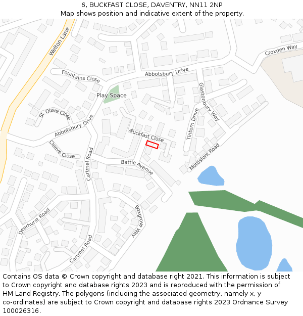 6, BUCKFAST CLOSE, DAVENTRY, NN11 2NP: Location map and indicative extent of plot