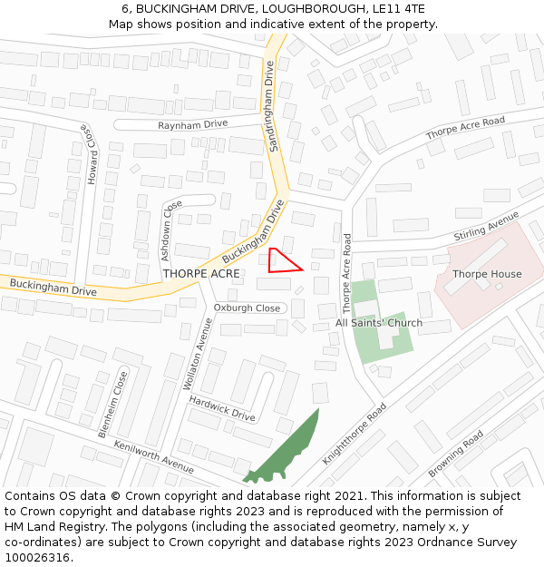 6, BUCKINGHAM DRIVE, LOUGHBOROUGH, LE11 4TE: Location map and indicative extent of plot