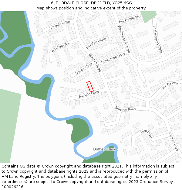 6, BURDALE CLOSE, DRIFFIELD, YO25 6SG: Location map and indicative extent of plot