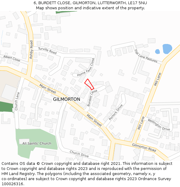6, BURDETT CLOSE, GILMORTON, LUTTERWORTH, LE17 5NU: Location map and indicative extent of plot