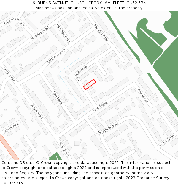 6, BURNS AVENUE, CHURCH CROOKHAM, FLEET, GU52 6BN: Location map and indicative extent of plot