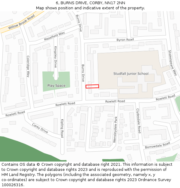 6, BURNS DRIVE, CORBY, NN17 2NN: Location map and indicative extent of plot