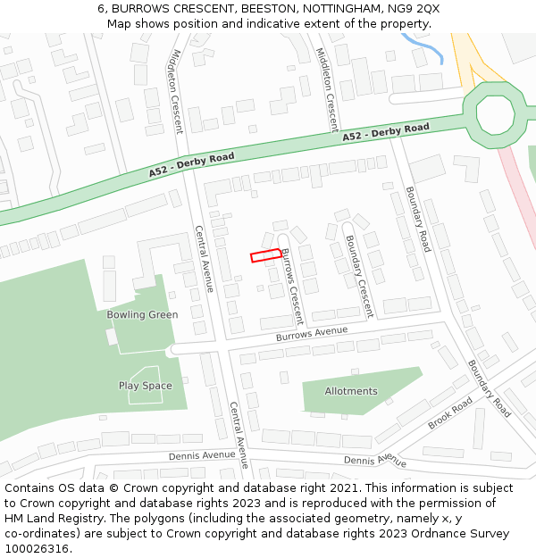 6, BURROWS CRESCENT, BEESTON, NOTTINGHAM, NG9 2QX: Location map and indicative extent of plot