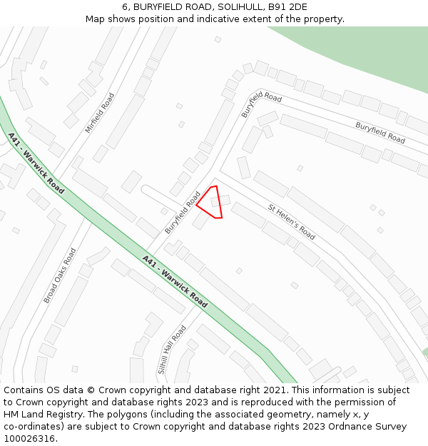 6, BURYFIELD ROAD, SOLIHULL, B91 2DE: Location map and indicative extent of plot