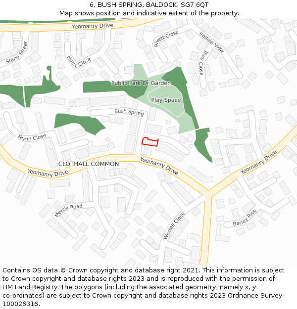 6, BUSH SPRING, BALDOCK, SG7 6QT: Location map and indicative extent of plot