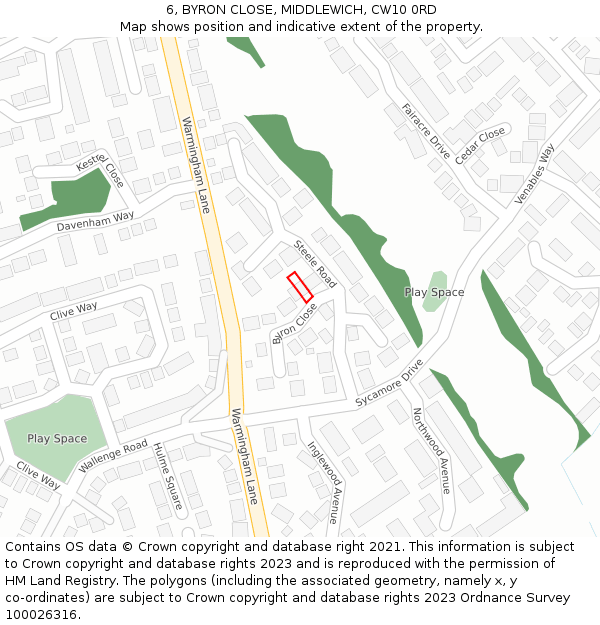 6, BYRON CLOSE, MIDDLEWICH, CW10 0RD: Location map and indicative extent of plot