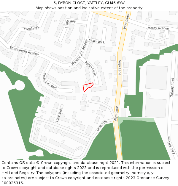 6, BYRON CLOSE, YATELEY, GU46 6YW: Location map and indicative extent of plot
