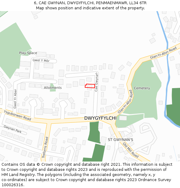 6, CAE GWYNAN, DWYGYFYLCHI, PENMAENMAWR, LL34 6TR: Location map and indicative extent of plot