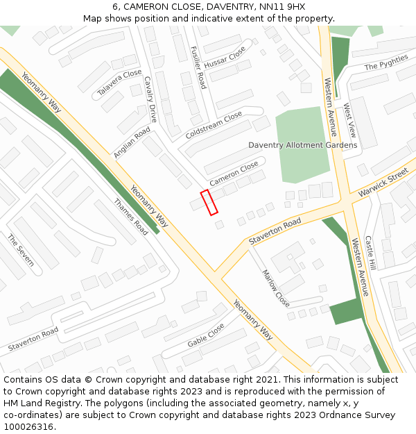 6, CAMERON CLOSE, DAVENTRY, NN11 9HX: Location map and indicative extent of plot