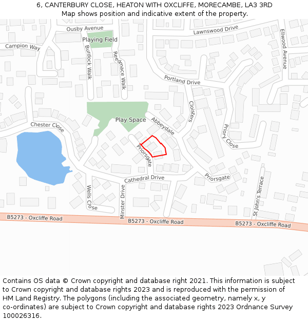 6, CANTERBURY CLOSE, HEATON WITH OXCLIFFE, MORECAMBE, LA3 3RD: Location map and indicative extent of plot