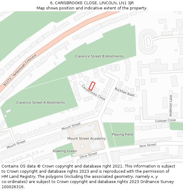 6, CARISBROOKE CLOSE, LINCOLN, LN1 3JR: Location map and indicative extent of plot