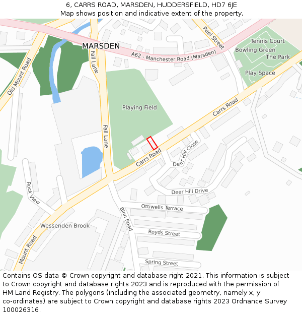 6, CARRS ROAD, MARSDEN, HUDDERSFIELD, HD7 6JE: Location map and indicative extent of plot