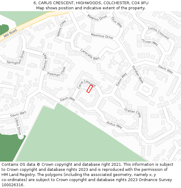 6, CARUS CRESCENT, HIGHWOODS, COLCHESTER, CO4 9FU: Location map and indicative extent of plot