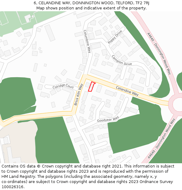 6, CELANDINE WAY, DONNINGTON WOOD, TELFORD, TF2 7RJ: Location map and indicative extent of plot