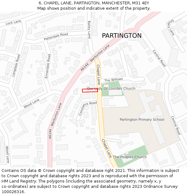 6, CHAPEL LANE, PARTINGTON, MANCHESTER, M31 4EY: Location map and indicative extent of plot