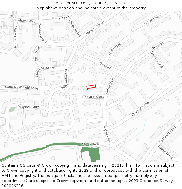 6, CHARM CLOSE, HORLEY, RH6 8DG: Location map and indicative extent of plot