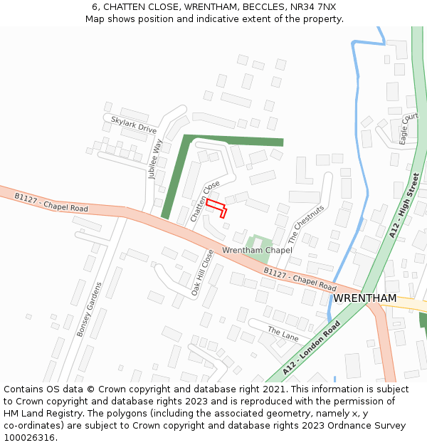 6, CHATTEN CLOSE, WRENTHAM, BECCLES, NR34 7NX: Location map and indicative extent of plot