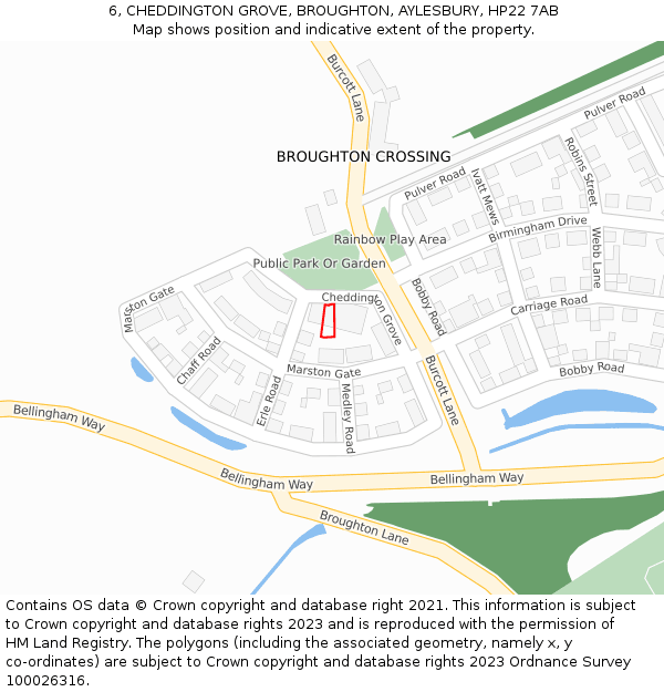 6, CHEDDINGTON GROVE, BROUGHTON, AYLESBURY, HP22 7AB: Location map and indicative extent of plot