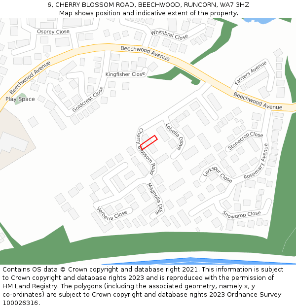 6, CHERRY BLOSSOM ROAD, BEECHWOOD, RUNCORN, WA7 3HZ: Location map and indicative extent of plot