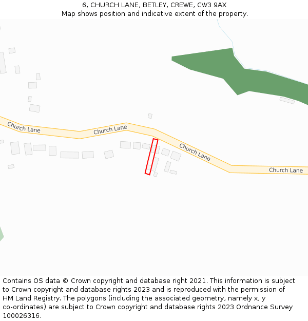 6, CHURCH LANE, BETLEY, CREWE, CW3 9AX: Location map and indicative extent of plot