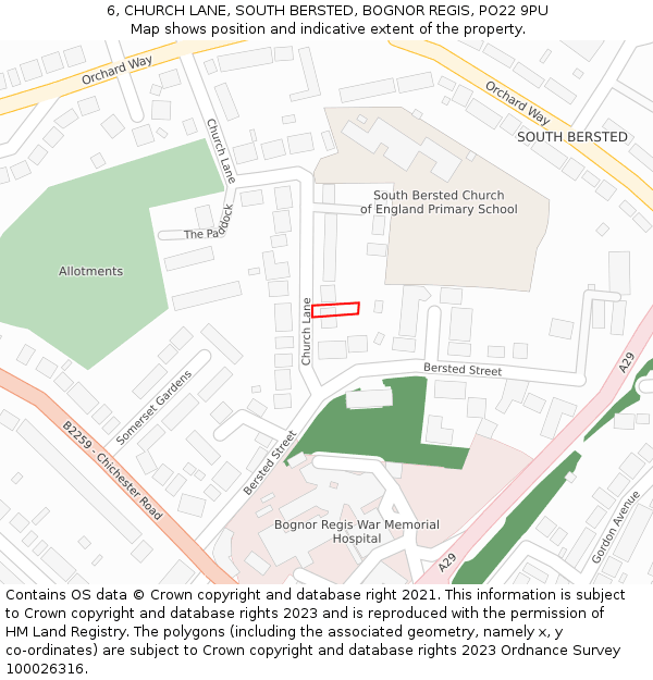 6, CHURCH LANE, SOUTH BERSTED, BOGNOR REGIS, PO22 9PU: Location map and indicative extent of plot