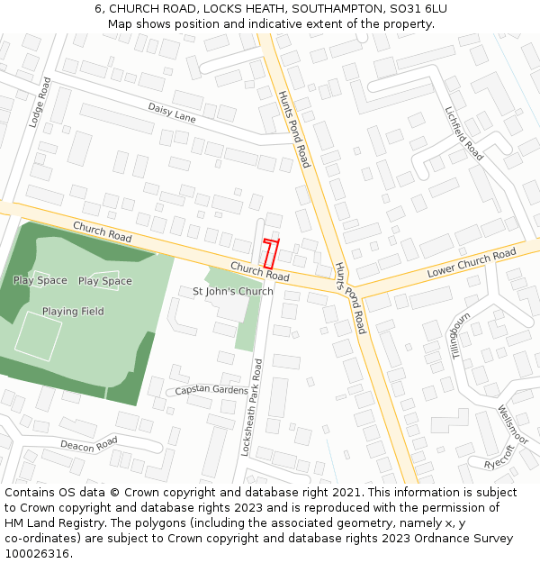 6, CHURCH ROAD, LOCKS HEATH, SOUTHAMPTON, SO31 6LU: Location map and indicative extent of plot