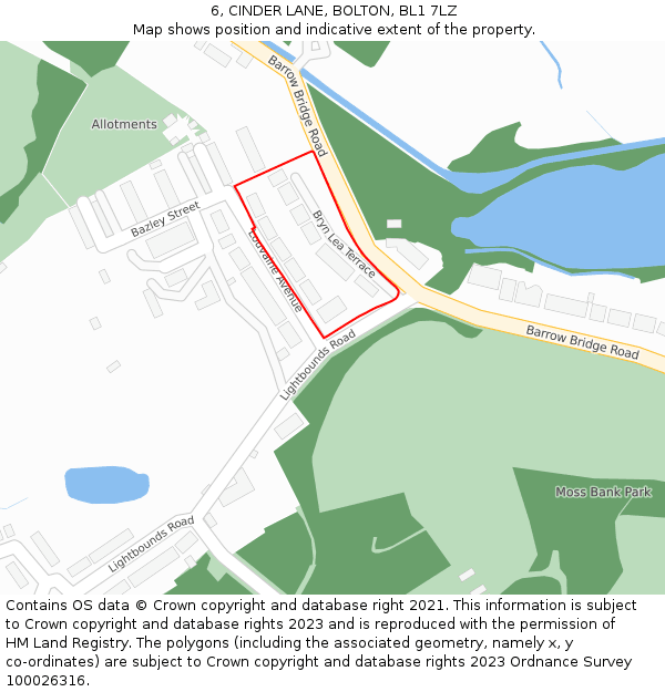 6, CINDER LANE, BOLTON, BL1 7LZ: Location map and indicative extent of plot