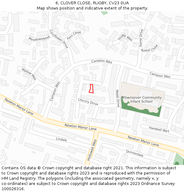 6, CLOVER CLOSE, RUGBY, CV23 0UA: Location map and indicative extent of plot