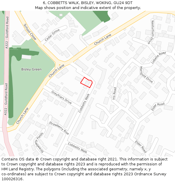 6, COBBETTS WALK, BISLEY, WOKING, GU24 9DT: Location map and indicative extent of plot