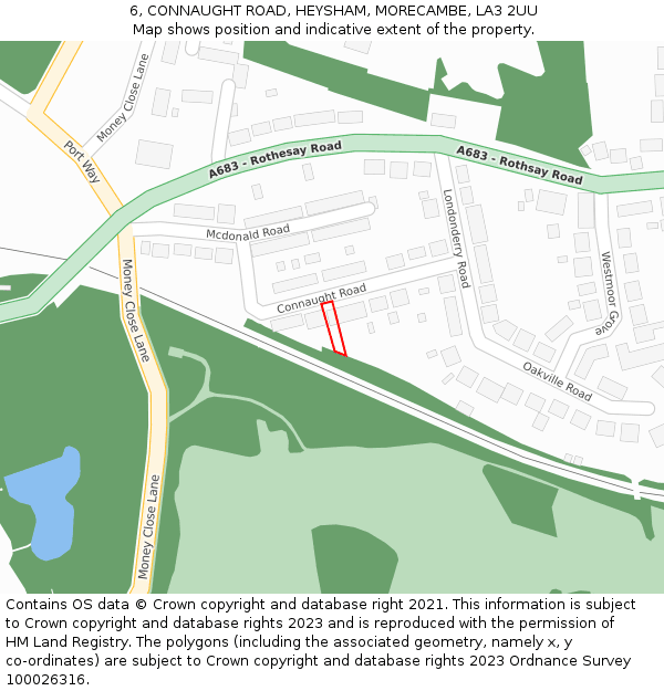 6, CONNAUGHT ROAD, HEYSHAM, MORECAMBE, LA3 2UU: Location map and indicative extent of plot