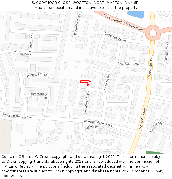 6, COPYMOOR CLOSE, WOOTTON, NORTHAMPTON, NN4 6BL: Location map and indicative extent of plot