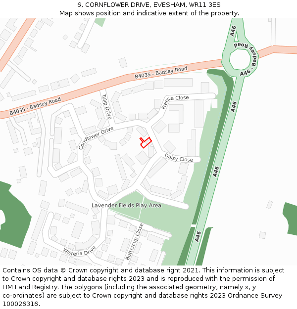 6, CORNFLOWER DRIVE, EVESHAM, WR11 3ES: Location map and indicative extent of plot