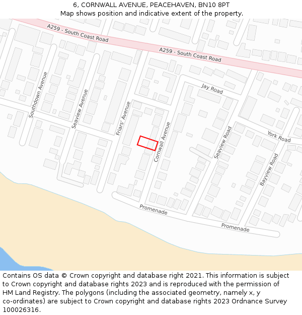 6, CORNWALL AVENUE, PEACEHAVEN, BN10 8PT: Location map and indicative extent of plot