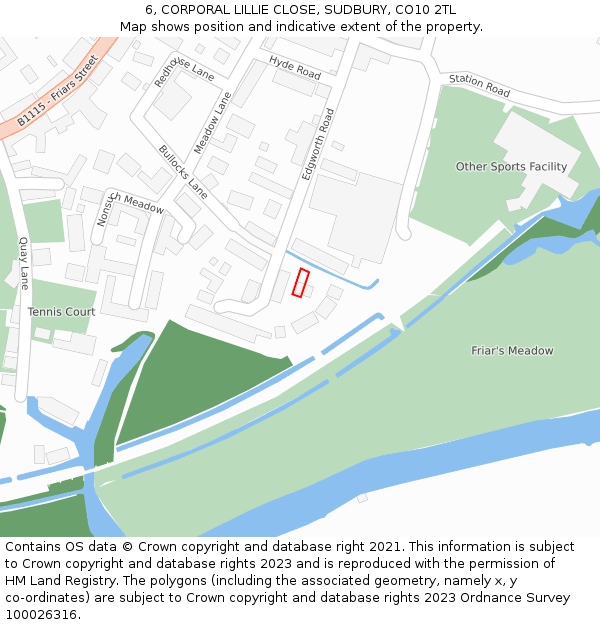 6, CORPORAL LILLIE CLOSE, SUDBURY, CO10 2TL: Location map and indicative extent of plot