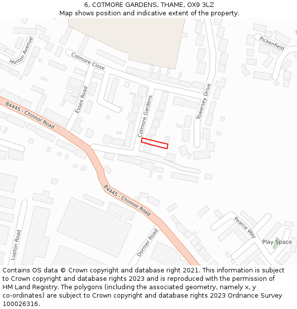 6, COTMORE GARDENS, THAME, OX9 3LZ: Location map and indicative extent of plot