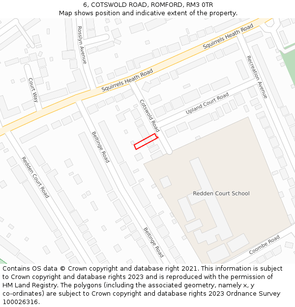 6, COTSWOLD ROAD, ROMFORD, RM3 0TR: Location map and indicative extent of plot