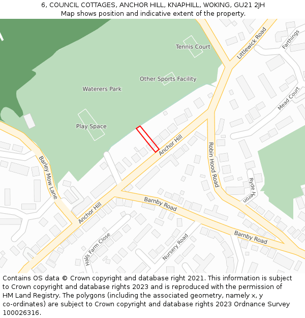 6, COUNCIL COTTAGES, ANCHOR HILL, KNAPHILL, WOKING, GU21 2JH: Location map and indicative extent of plot