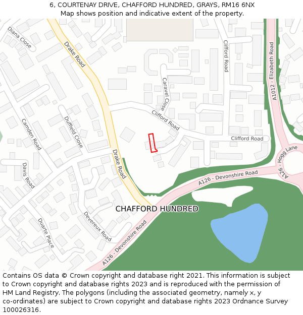 6, COURTENAY DRIVE, CHAFFORD HUNDRED, GRAYS, RM16 6NX: Location map and indicative extent of plot