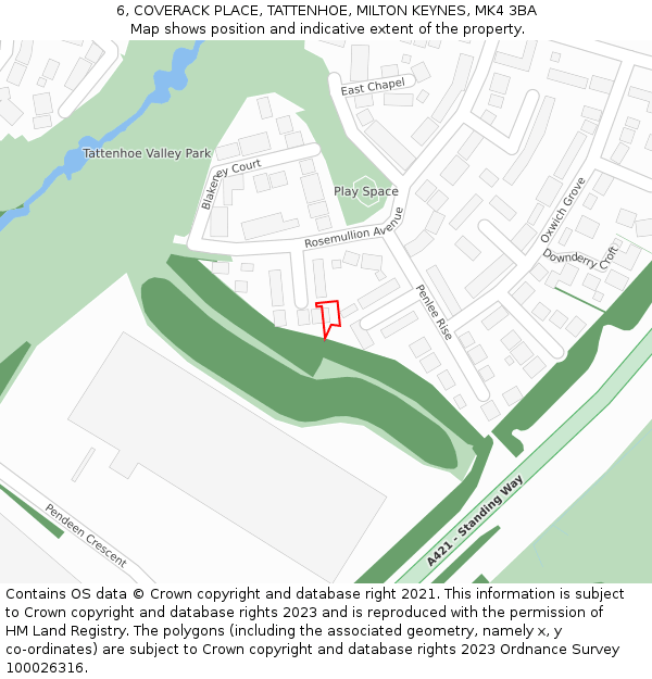 6, COVERACK PLACE, TATTENHOE, MILTON KEYNES, MK4 3BA: Location map and indicative extent of plot