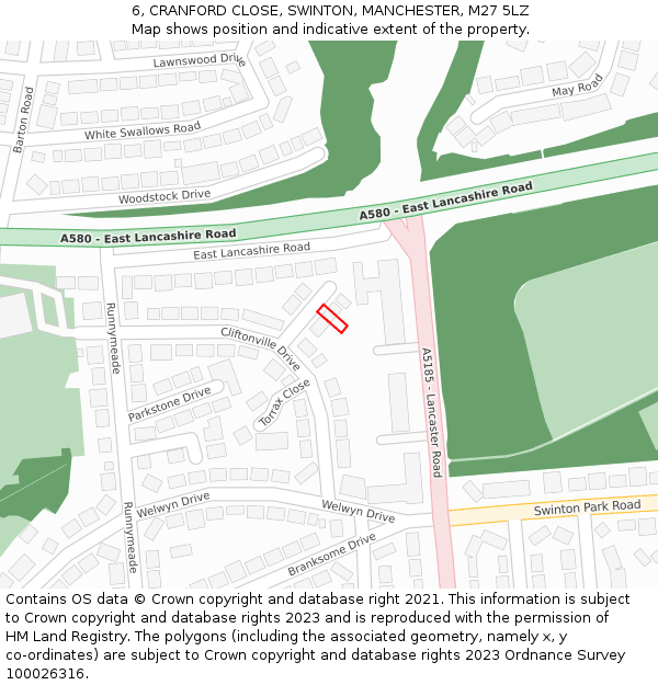 6, CRANFORD CLOSE, SWINTON, MANCHESTER, M27 5LZ: Location map and indicative extent of plot