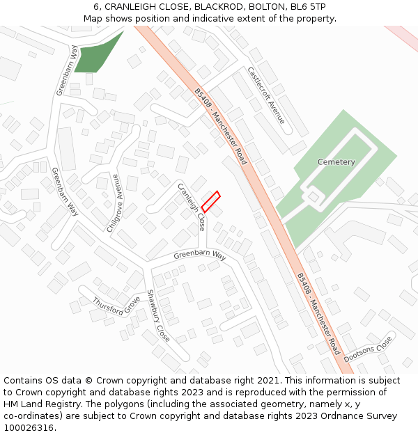 6, CRANLEIGH CLOSE, BLACKROD, BOLTON, BL6 5TP: Location map and indicative extent of plot